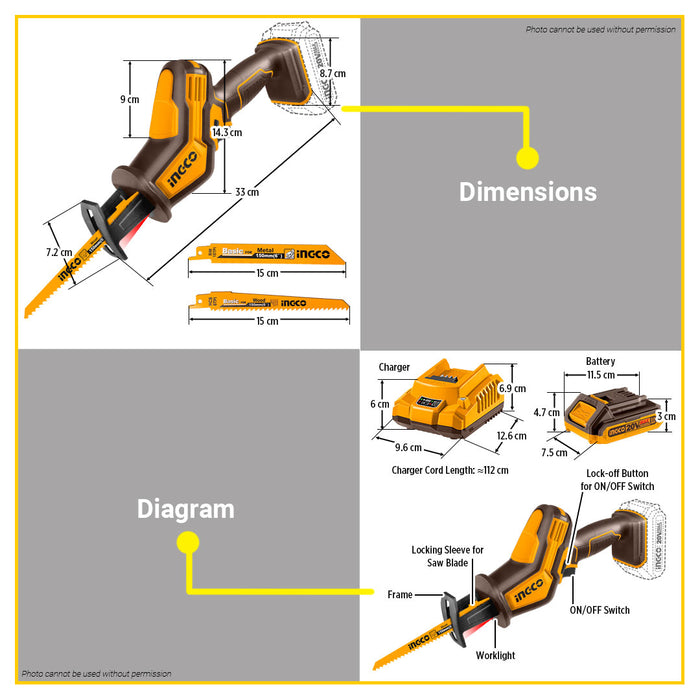 BUILDMATE Ingco Lithium-Ion Reciprocating Saw 20V Rechargeable Metal Wood Sabre Saw with 15Mmm Stroke Length - ICPT