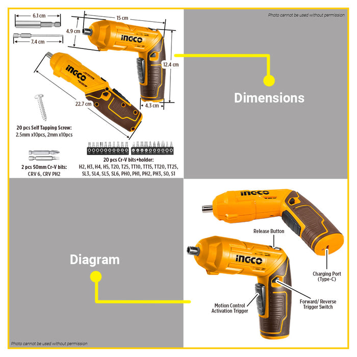 BUILDMATE Ingco Lithium-Ion Cordless Screwdriver with Accessories & Screw Set 4V Compact Rechargeable Screwdriving Power Tool CSDLI04425 - ICPT