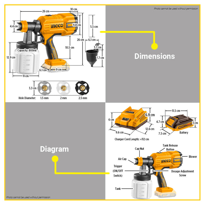 BUILDMATE Ingco 20V Lithium-Ion Cordless Spray Gun 800ML Paint Spray HVLP Sprayer Gun Power Painter Power Paint Zoom CSGLI20406 - ICPT