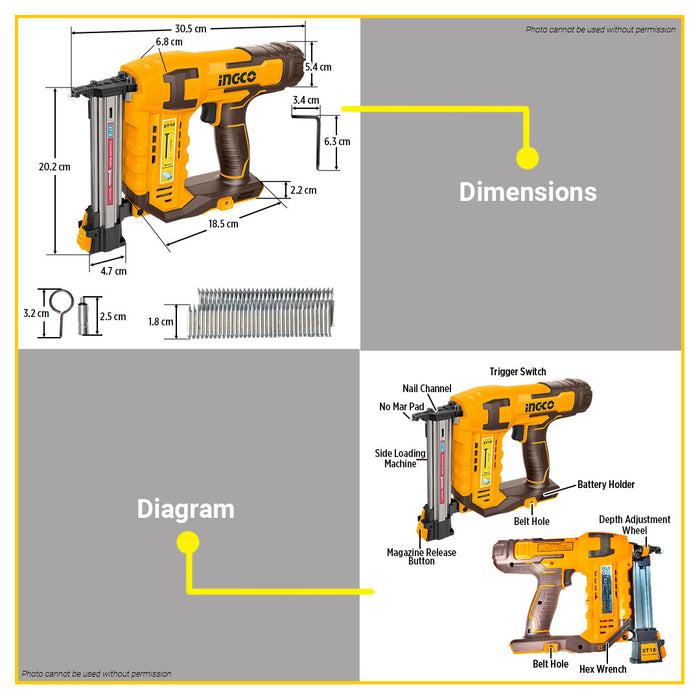 BUILDMATE Ingco 20V Lithium-Ion Cordless Concrete Nailer Pneumatic Air Nail Gun For Woodworking CSTLI3805 -ICPT