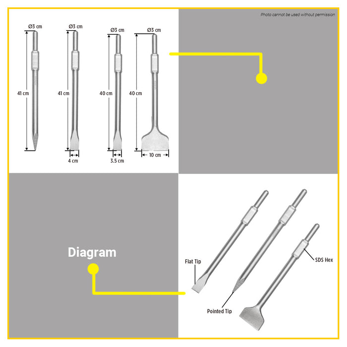 BUILDMATE Ingco Hex Chisel 30x400mm Flat / Pointed Hex Breaker Concrete Masonry Demolition & Chiseling Tool - IHT