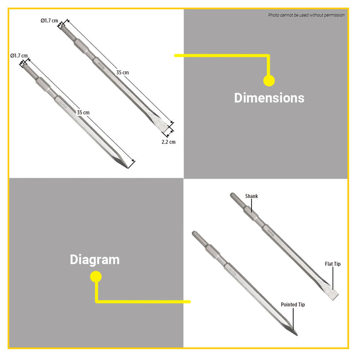 BUILDMATE Ingco Hex Chisel 17x350mm Flat / Pointed Hex Breaker Concrete Masonry Demolition & Chiseling Tool - IHT