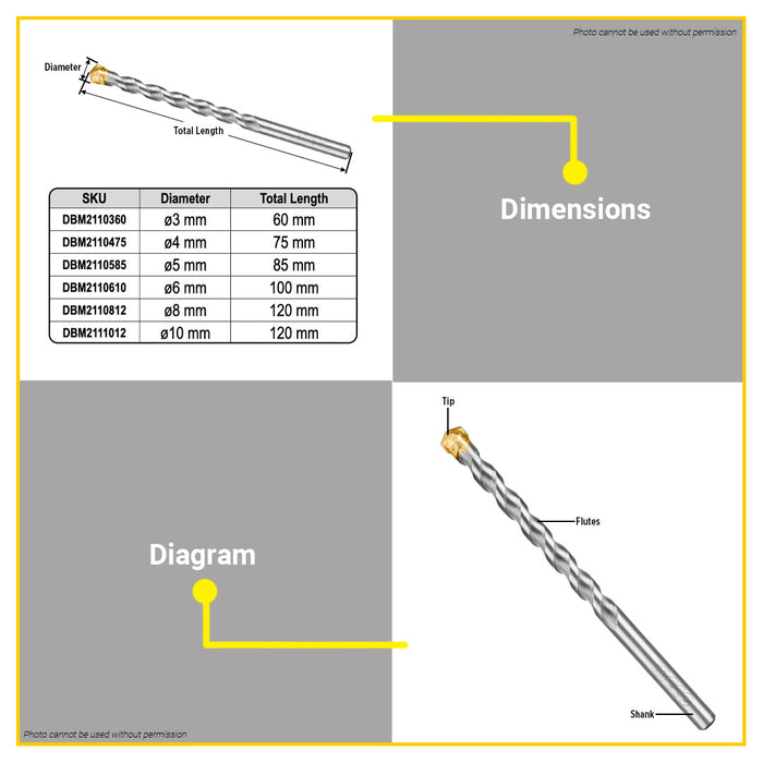 BUILDMATE Ingco Masonry Drill Bit Ø3mm - Ø10mm Masonry Twist Hole Drilling Bits for Stone, Concrete and Brick Wall - IHT