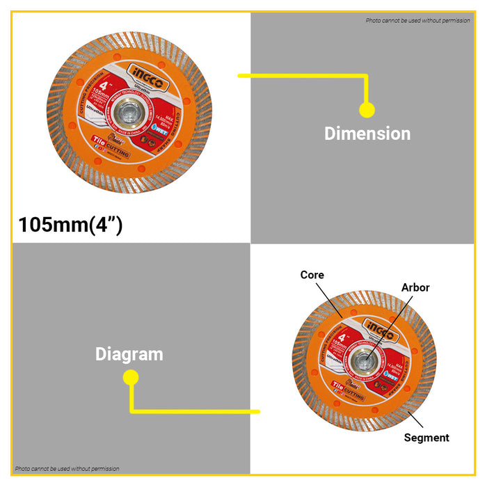 INGCO 4" Ultrathin Diamond Disc Wet Cutting 105mm for Plaster, Tile, Marble, Bricka DMD031051HT •BUILDMATE• IHT