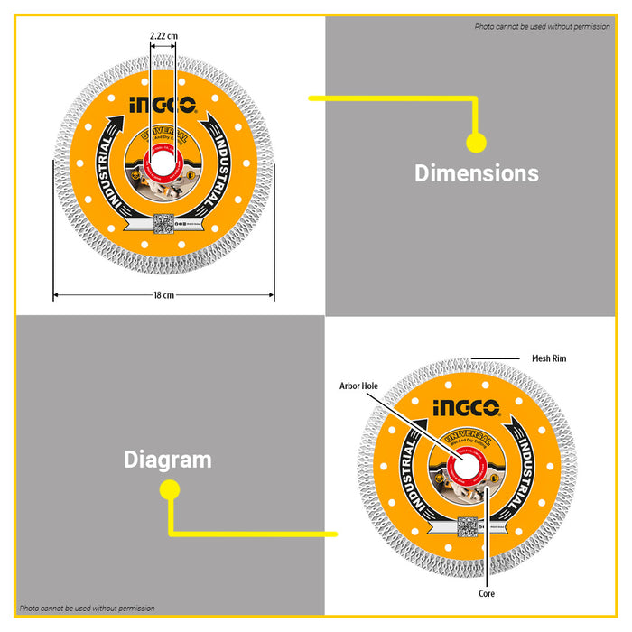 INGCO Ultra thin Diamond Disc Mesh Rim 7" & 9" Universal Wet and Dry Cutting Disc DMD081801HT DMD082301HT | IHT - BUILDMATE