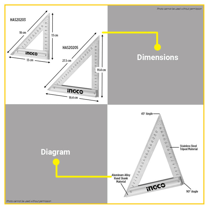 BUILDMATE Ingco Angle Square 170x120mm / 270x1890mm Carpenter Roofing Right Angle Marking Framing Tri-Square - IHT