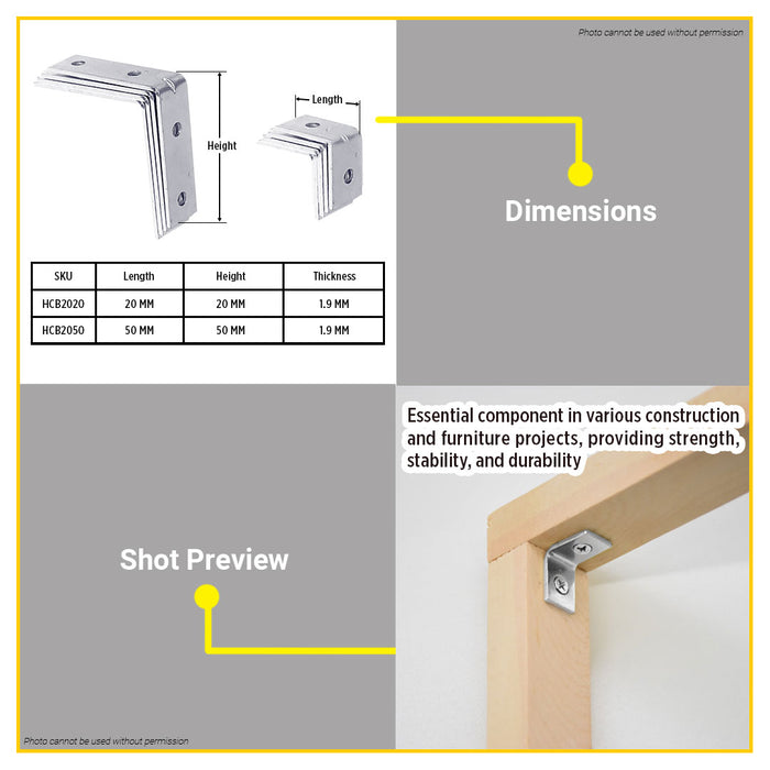 BUILDMATE Ingco 4pcs Corner Brace Set 20x20mm / 50x50mm Nickle Plated L-Bracket Angle Shelf Bracket Corner Support - IHT