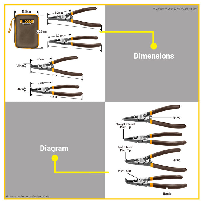 BUILDMATE Ingco 4pcs Circlip Pliers Set 7" (180mm) External / Internal Retaining Snap Ring  Circlip Installation Tool HCCPS26180 - IHT