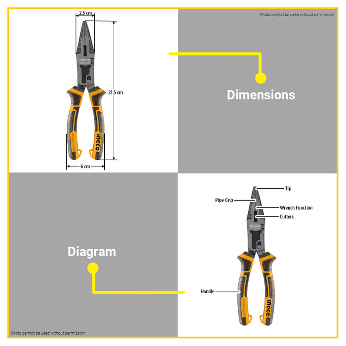 BUILDMATE Ingco Compound Action Long Nose Pliers 8.5" (215mm) Multi-functional Heavy Duty Angled Needle Snipe Pointed Nose Plier HCLNP58200 - IHT