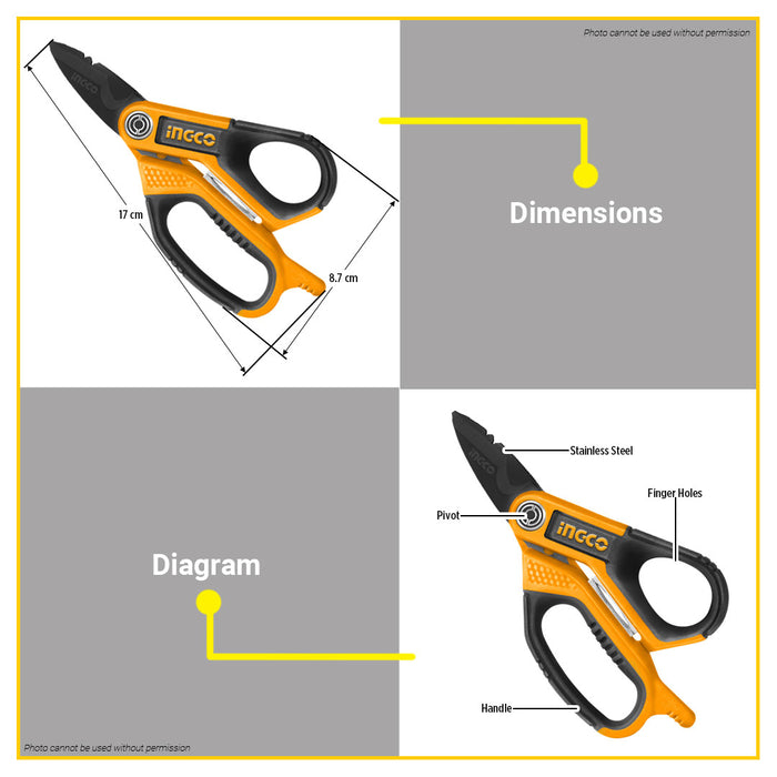 BUILDMATE Ingco Electrician's Scissor 7" (170mm) Wire Cable Cutting Electrical Scissor HES051708 - IHT