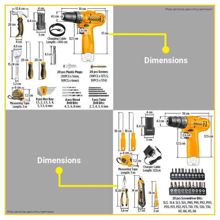 BUILDMATE Ingco Household Tools Set 81pcs / 89pcs Cordless Drill with Hand Tool Kit Combo Mechanic Home Repair Tool Set - ICPT