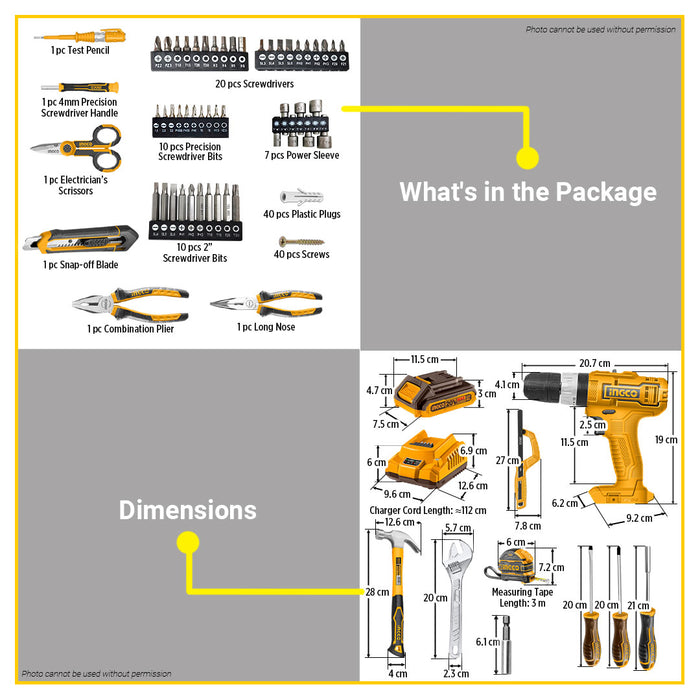 BUILDMATE Ingco 165pcs Household Tools Set Lithium-Ion Impact Drill with Hand Tool Kit Combo Home Repair Tool Set HKTHP11651 - ICPT