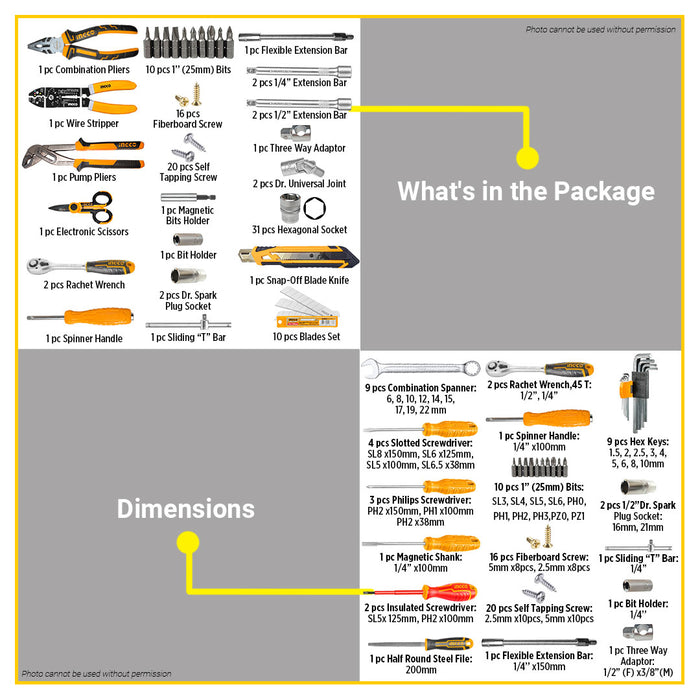 BUILDMATE Ingco 147pcs Household Hand Tools Set Pliers Wrenches Screwdriver Sockets & Measuring Tools for Repairs & DIY Tool Kit HKTHP21471 - IHT