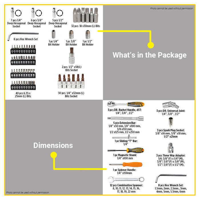 BUILDMATE Ingco 216pcs Combination Tools Set Socket Bit Spanner Accessories for Automotive & Household Hand Tool Kit - IHT