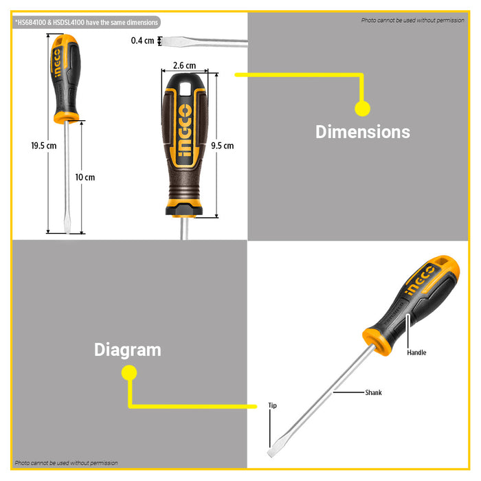 BUILDMATE Ingco Slotted Flat Screwdriver SL4x100mm S2 Magnetic Flathead Round Shank Screw Driver Repair Hand Tools SOLD PER PIECE - IHT