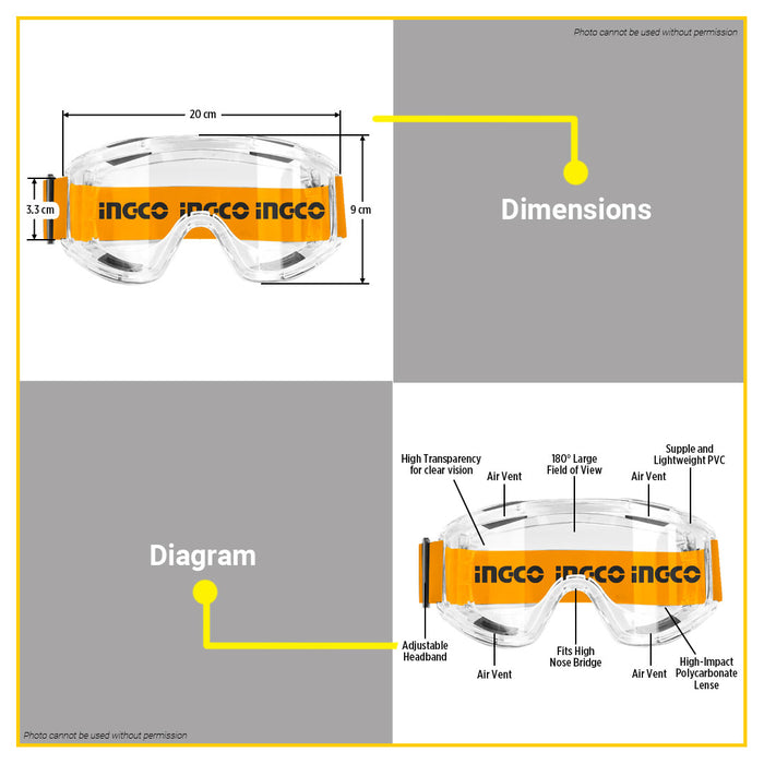 BUILDMATE Ingco Safety Goggles 180° Field of View PPE Protective Eyewear Clear Work Goggles Eye Protection HSG10 - IHT