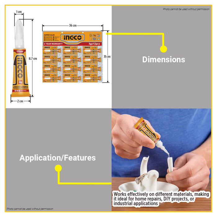 BUILDMATE Ingco Super Glue 3 grams Multi-Purpose Cyanoacrylate Clear Fast Bonding Adhesive Quick Drying Glue HSGU3122 - IHT