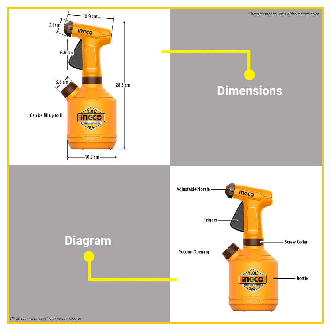 BUILDMATE Ingco Pump Sprayer 1L with Adjustable Nozzle Manual Handheld ...