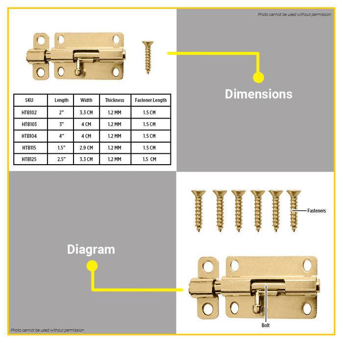 BUILDMATE Ingco Steel Tower Bolt 1.5" - 4" Brass Surface Barrel Latch Lock for Horizontal and Vertical Positions - IHT