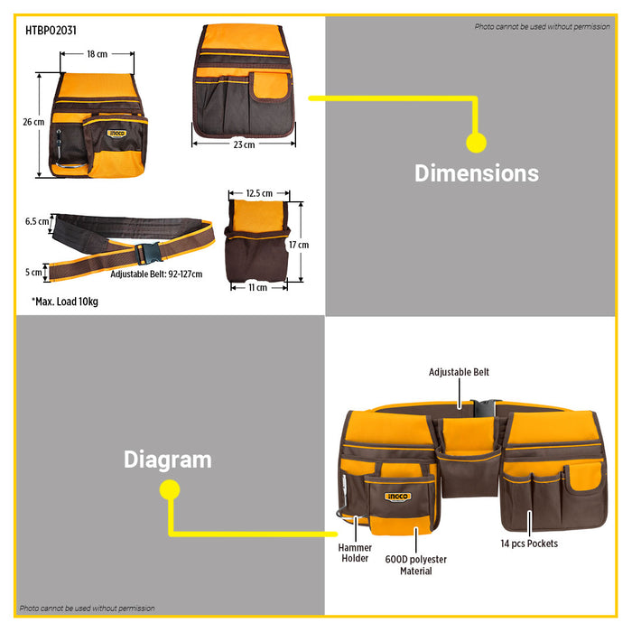 BUILDMATE Ingco Tools Bag with Adjustable Belt Utility Tools Organizer Carrier Holder Electrician Carpenter Belt Bag - IHT