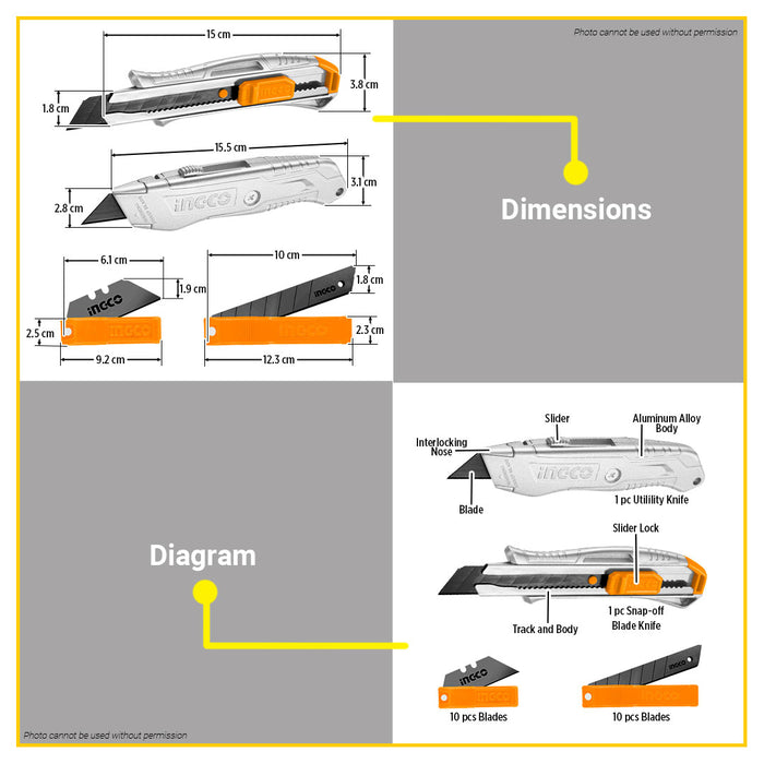BUILDMATE Ingco 22pcs Utility Knife Set Box Cutter Retractable Multi-Purpose Craft Knife Kit HUK180225 - IHT