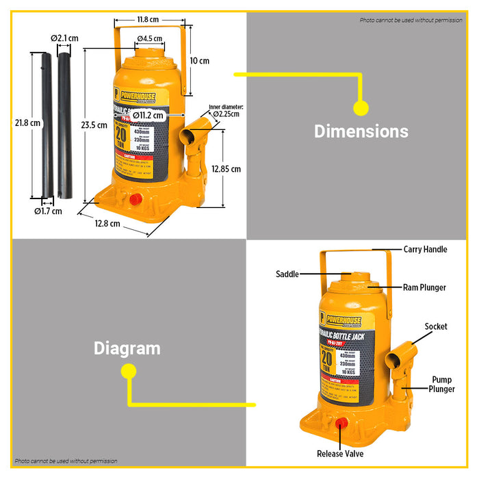 POWERHOUSE 20 TONS Hydraulic Bottle Jack •BUILDMATE• PHHT