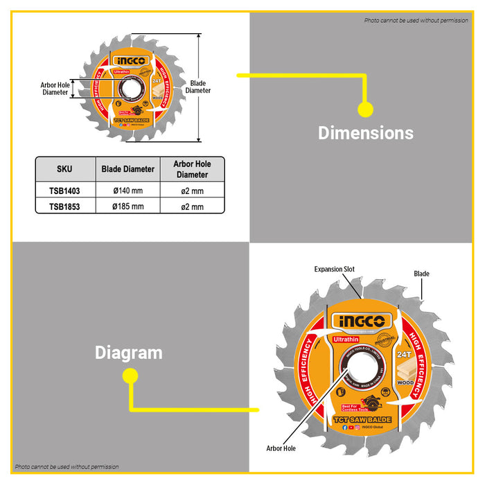 BUILDMATE Ingco 2pcs Ultra-thin TCT Saw Blade Set 140mm / 185mm Circular Saw Wood Cutting Blade Disc - IHT