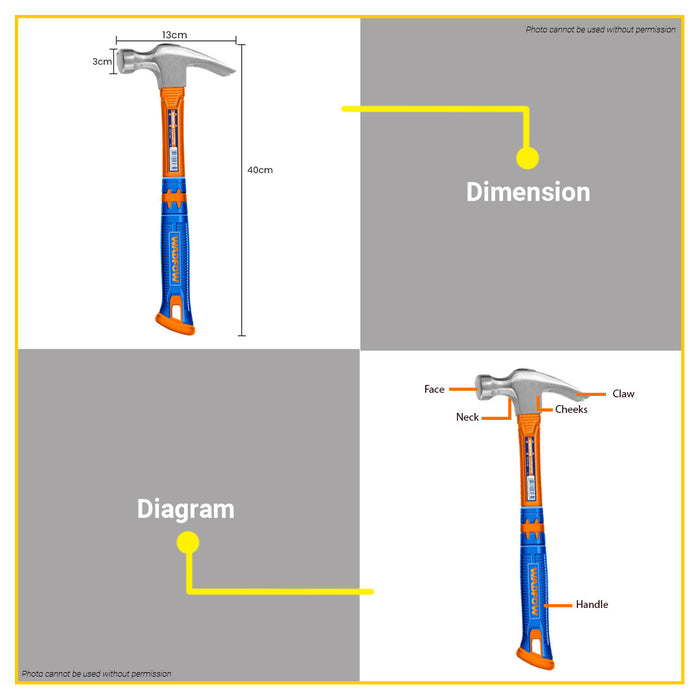 BUILDMATE Wadfow Long Handle Claw Hammer 400mm Drop-Forged Hammer Head Woodworking Repair Hand Tools WHM336L - WHT