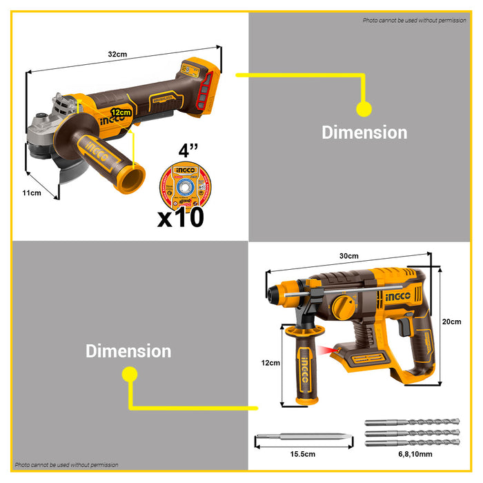 BUILDMATE Ingco Cordless Brushless Rotary Hammer / Angle Grinder with Safety Trigger Switch - IPX