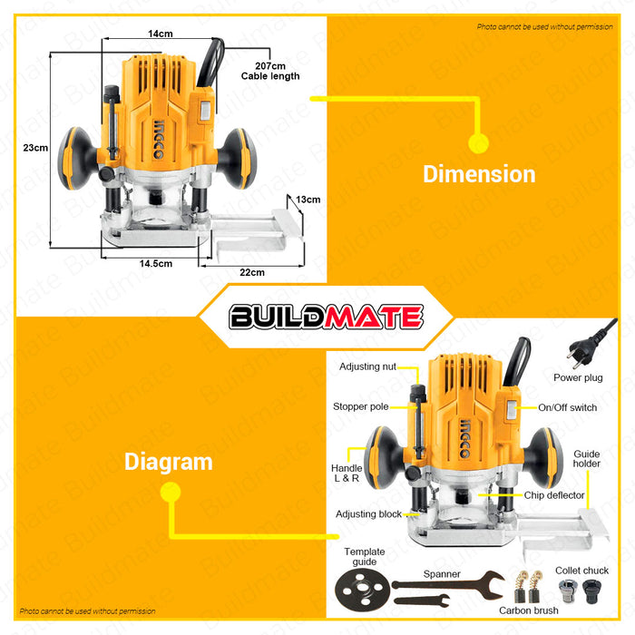 BUILDMATE Ingco Electric Plunge Router 1200W Palm Laminate Trimmer Engraving Wood Machine for Woodworking Power Tool RT12008 • IPT