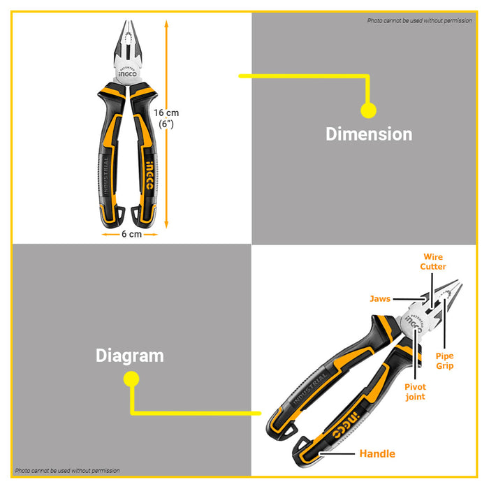 BUILDMATE Ingco Combination Pliers 6" (160mm) Linesman Cutting & Gripping Electricians Wire Cutting Pliers HCP28168 - IHT