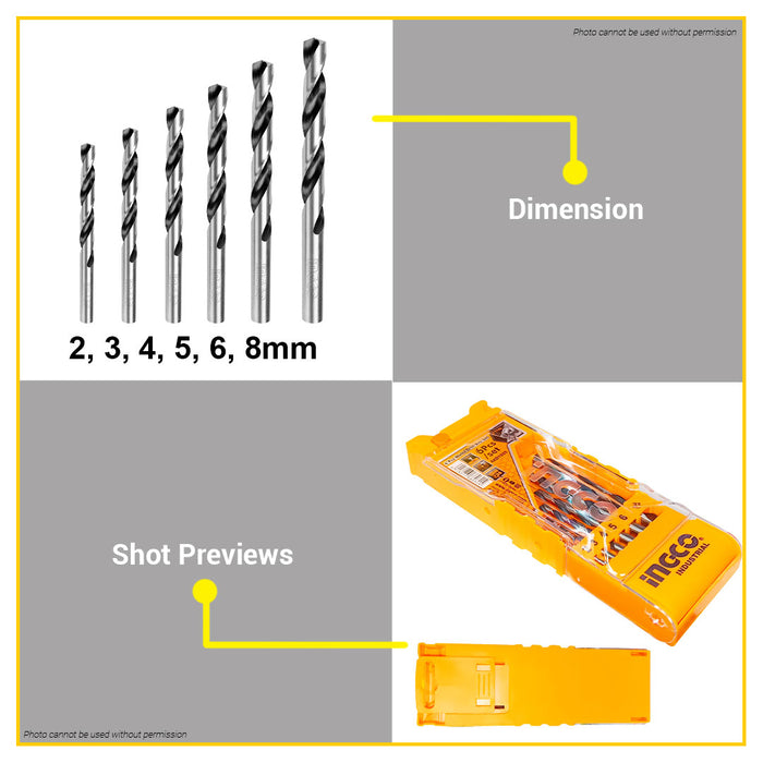 BUILDMATE Ingco 6PCS/SET Metal Drill Bits Set 2mm-8mm HSS Twist Drill Bit Used for Drilling Work AKD1055 - IHT