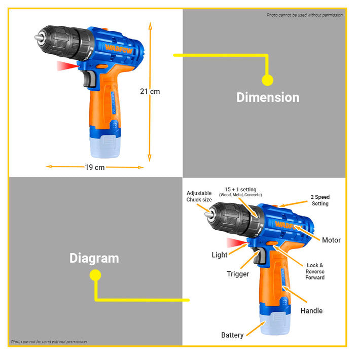 BUILDMATE Wadfow 12V Lithium-Ion Cordless Drill 20Nm 2-Speed Gear Rechargeable Drill Driver Power Tools (CHARGER SOLD SEPARATELY) WCDS520 - WCPT