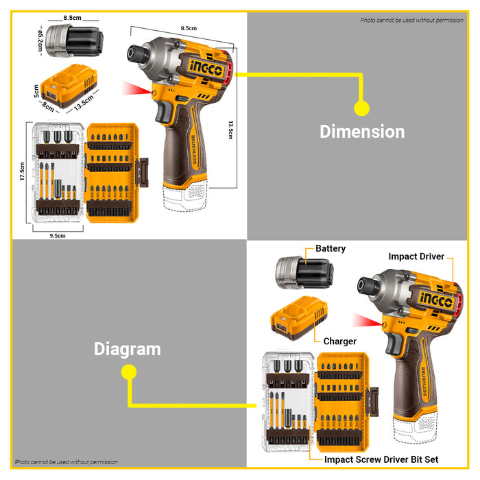 BUILDMATE Ingco 170Nm 16V Compact Brushless Cordless Impact Driver / Drill 1/4" Hex w/ 31pcs Screwdriver Bits Set Electric Impact Screwdriver COSLI241083 - ICPT
