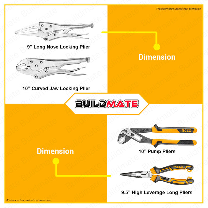 BUILDMATE Ingco 7PCS Pliers Set Long Nose Locking Pliers Curved Jaw Locking Pliers Pump Pliers High Leverage Combination Pliers High Leverage Diagonal Cutting Pliers High Leverage Long Nose Pliers Slip Joint Pliers with Canvas Bag COS23036 • HT2