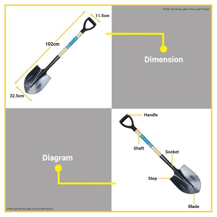 BUILDMATE Polonet Steel Shovel Round Pointed | Square with Wooden Handle Garden Tool Plant Trowel Powder Finished Blade Pala
