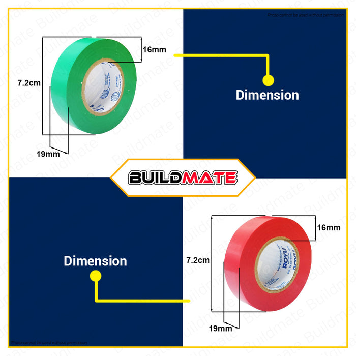 BUILDMATE Royu PVC Electrical Tape 0.155mmx19mmx16m Waterproof Insulation Wiring Flame Retardant Adhesive Repair Colored Insulating Electric Wire Tape SOLD PER PIECE