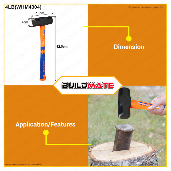 BUILDMATE Wadfow Sledge Hammer Stoning Maso 2LB | 3LB | 4LB [SOLD PER PIECE] Fiberglass Handle Large Tool for Wall Smashing and Wall Demolition Steel Black Head • WHT