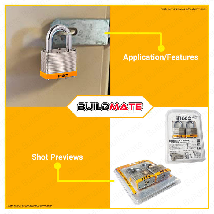 BUILDMATE Ingco 4PCS Key Alike Laminated Padlock 40MM | 50MM [SOLD PER SET] Laminate Padlock Pad Lock Keyed Padlock Solid Brass Lock with 4pcs Iron Keys Wide Lock Body Security Lock Anti-Theft Lock DLPK04004 | DLPK05004 • HT2