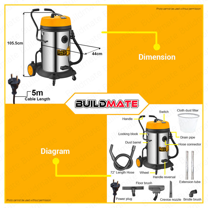 BUILDMATE Ingco Wet and Dry Vacuum Cleaner 75L 2400W Multi-Purpose Mops Dirt Cleaner Self-Cleaning Air Drying Household Floor Cleaning Tools with Wheels VC24751 • IPT