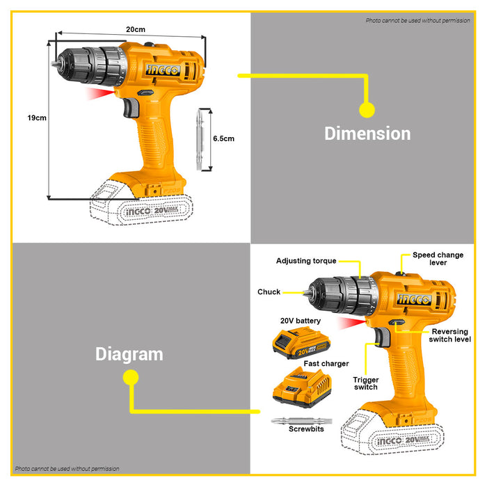 BUILDMATE Ingco 20V Lithium-Ion Cordless Drill 40Nm / 45Nm 2-Speed Mechanical Gear Drilling Gun with Integrated Work Light CDLI20051 / CDLI20032 - ICPT