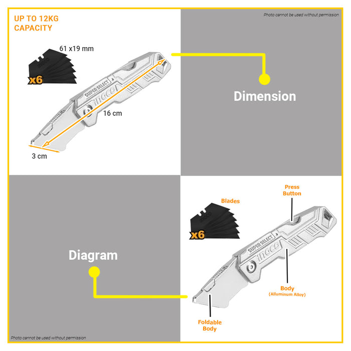 BUILDMATE Ingco Folding Knife Cutters Cutting Blade with 6pcs Blade HUK6236 - IHT