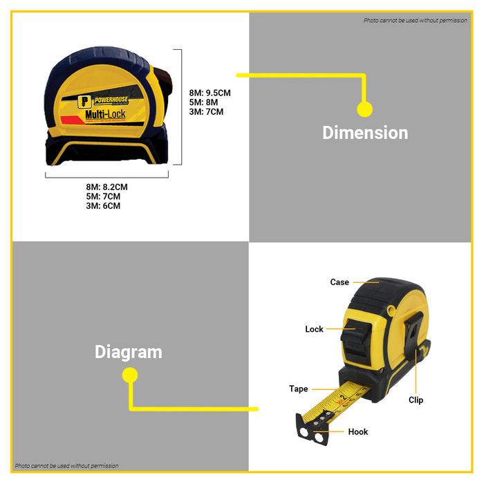 POWERHOUSE Multi Lock Nylon Tape Measure 3m | 5m | 8m SOLD PER PIECE •BUILDMATE• PHHT