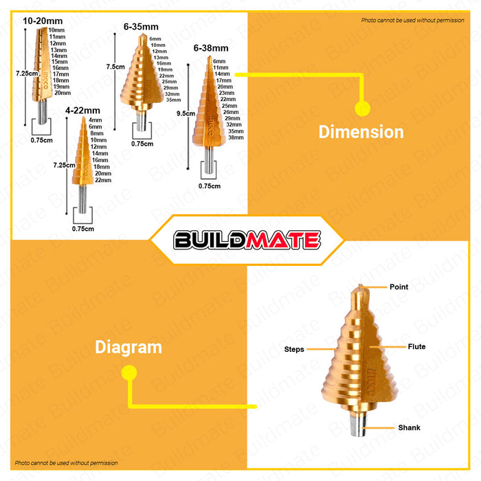 BUILDMATE Ingco Step Drill SET Bit 4-22mm to 10-45mm Cone Drill Bit Hole Groove Cutter Bits • IHT