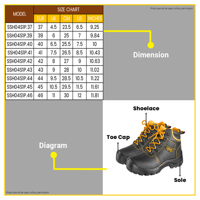 INGCO Size 37-46 Safety Boots with Steel Toe Cap for Construction & Industrial Use IHT - BUILDMATE