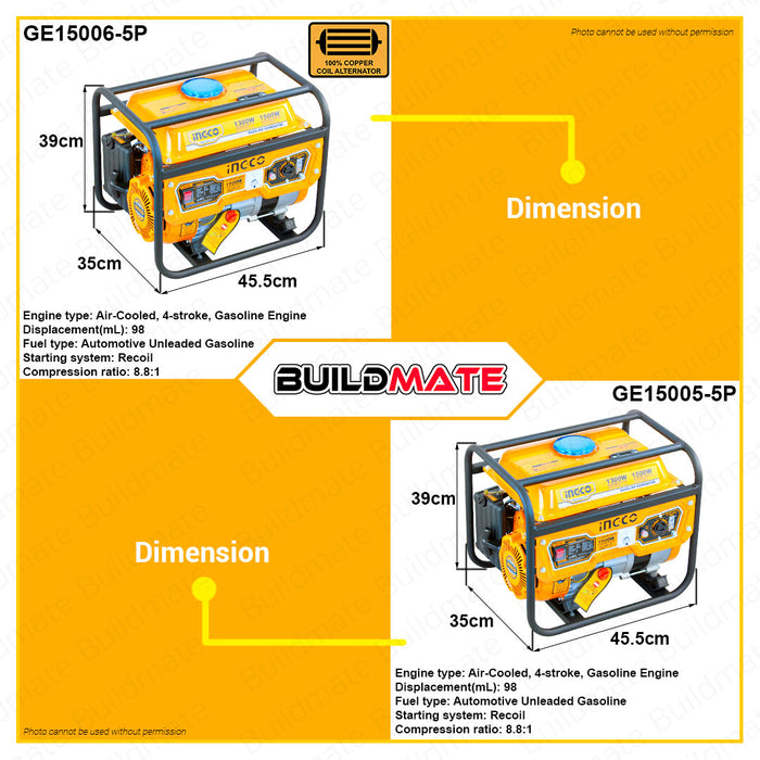 BUILDMATE Ingco Gasoline Generator AU Aluminum Coil Alternator | CO Copper Coil Alternator 5.5L 1.5 KW 4 Stroke Air-cooled Open Recoil Copper Wire Alternator GE15005-5P | GE15006-5P • IPT