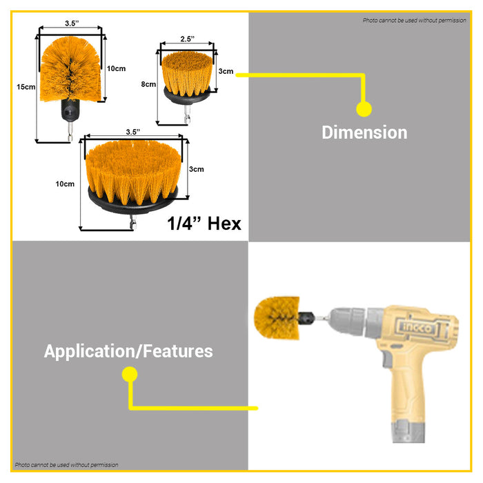 INGCO 3PCS Medium Bristle Brush Set 1/4 Hex Shank Drill Cleaning Brush Cleaner Kit WCBM0301 •BUILDMATE• IHT