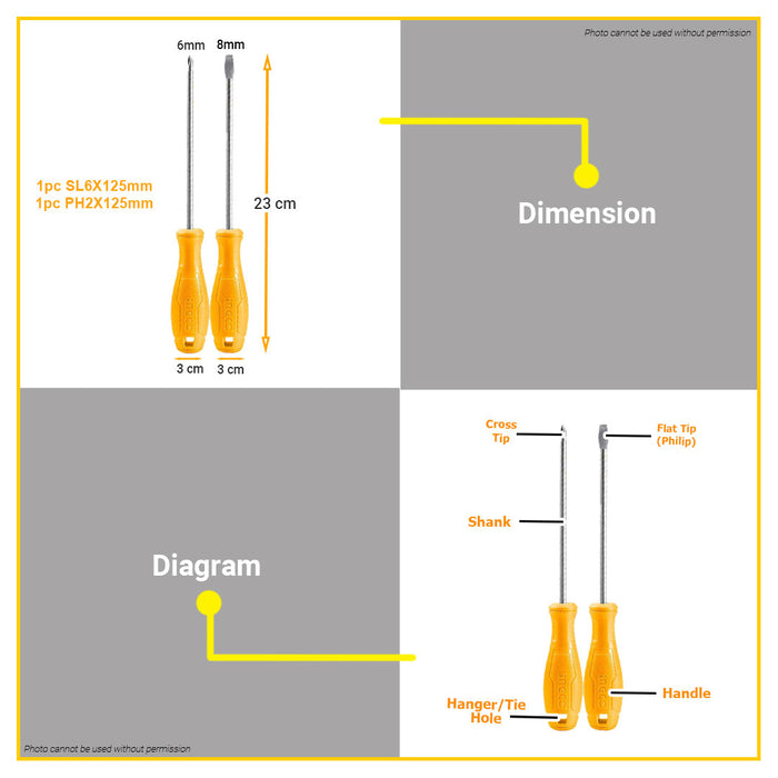 BUILDMATE Ingco 2PCS Screwdriver Set Cr-V Phillip / Flat Round Shank Screw Driver HKSD0258 - IHT