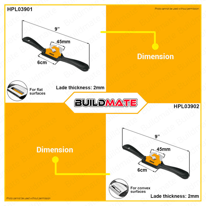 BUILDMATE Ingco Spoke Shave Flat Base 9" Inch 230mm FLAT | CONVEX Surface Spokeshave Wide High Carbon Blade Wood Planer Carving Woodworking Plane Trimming Perfect for Wood Craft, Wood Craver, Wood Working HPL03901 | HPL03902 • IHT
