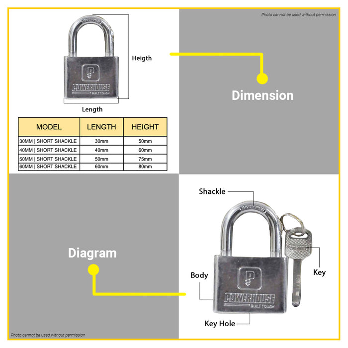 POWERHOUSE Short Shackle Padlock 30mm | 40mm | 50mm | 60mm SOLD PER PIECE •BUILDMATE• PHDH